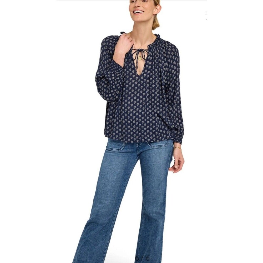 Faherty Emery Peasant Boho Top Blue Floral Print Long Sleeve Relaxed Fit Small